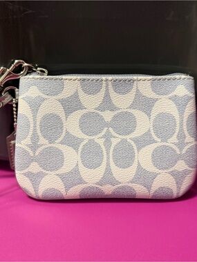 Coach Small Signature Wristlet in Light Blue and Cream